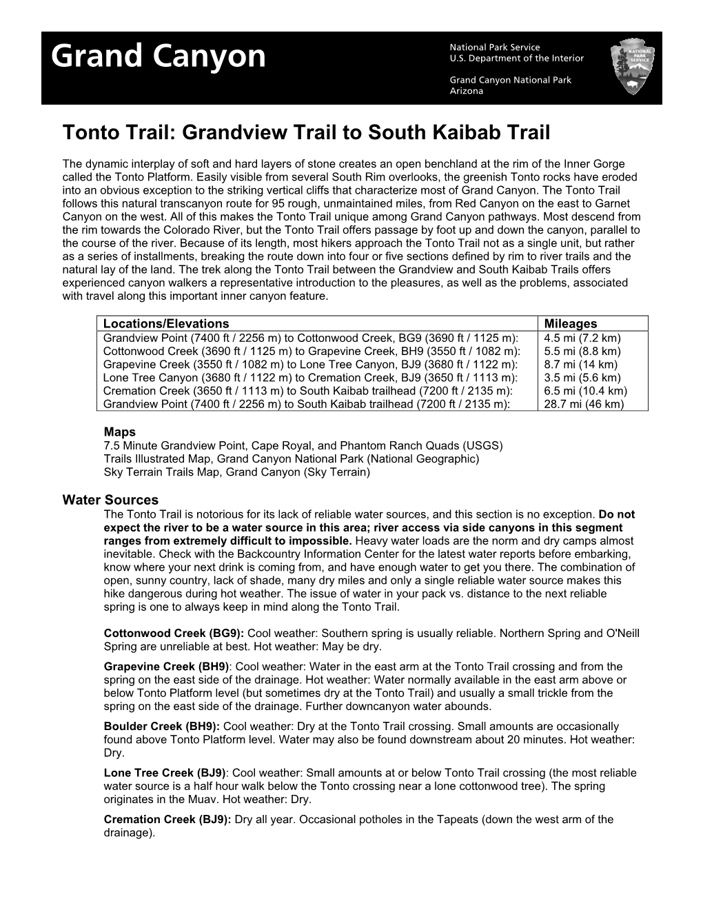 Tonto Trail: Grandview Trail to South Kaibab Trail