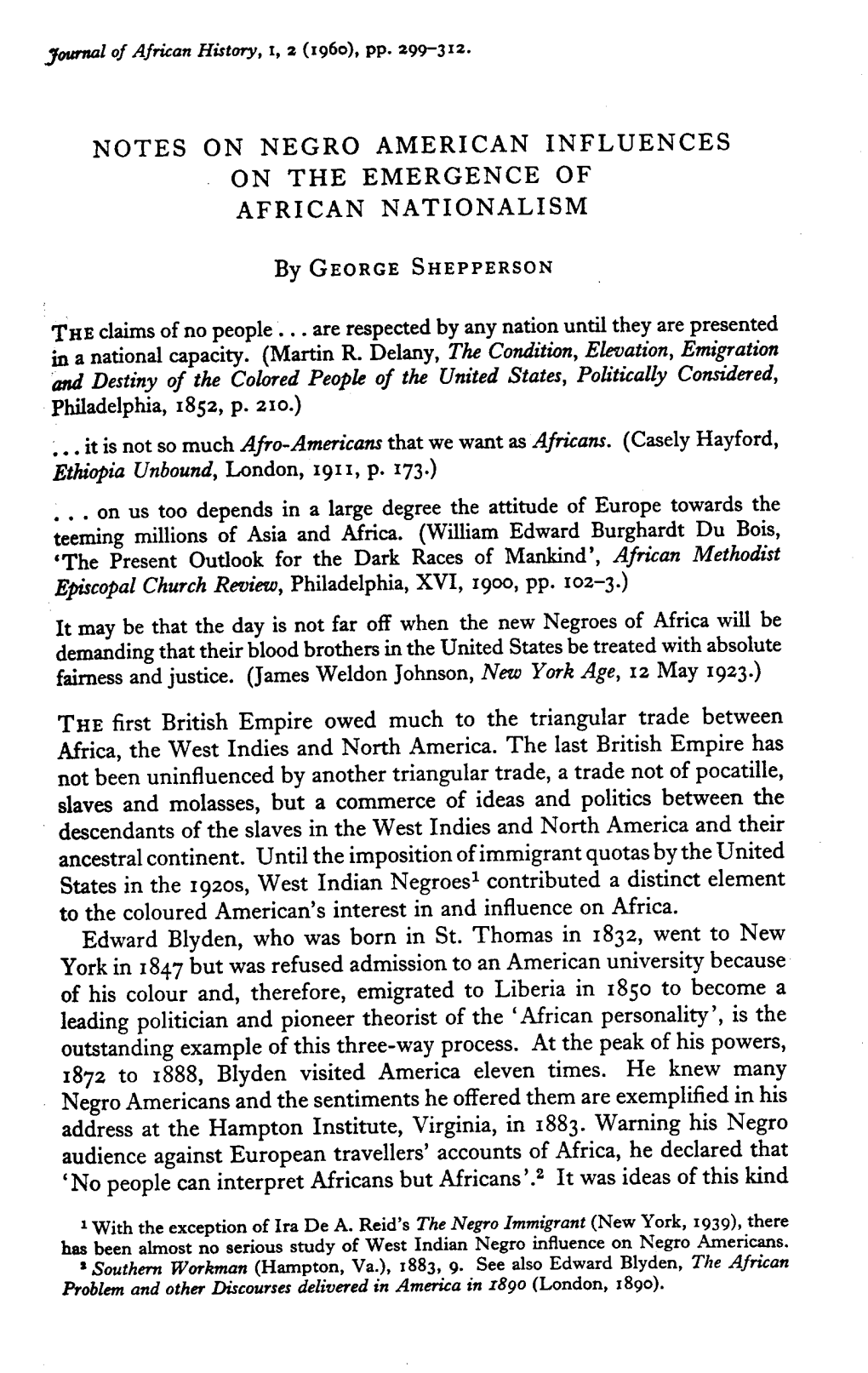 Notes on Negro American Influences on the Emergence of African Nationalism