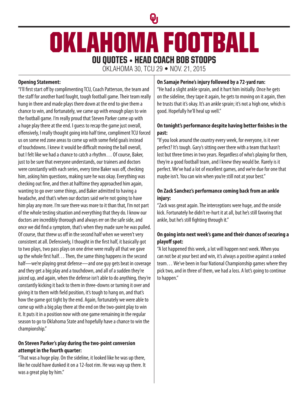 Oklahoma Football Ou Quotes • Head Coach Bob Stoops Oklahoma 30, Tcu 29 • Nov