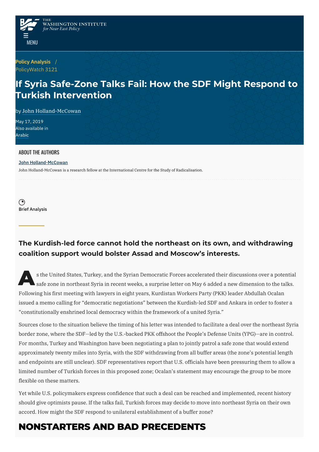 If Syria Safe-Zone Talks Fail: How the SDF Might Respond to Turkish Intervention by John Holland-Mccowan