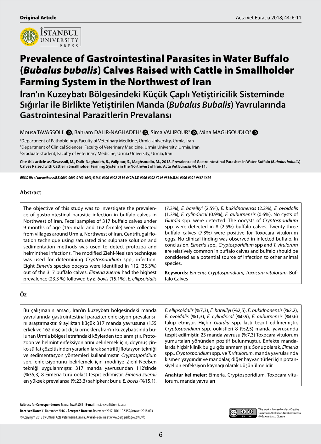 Prevalence of Gastrointestinal Parasites