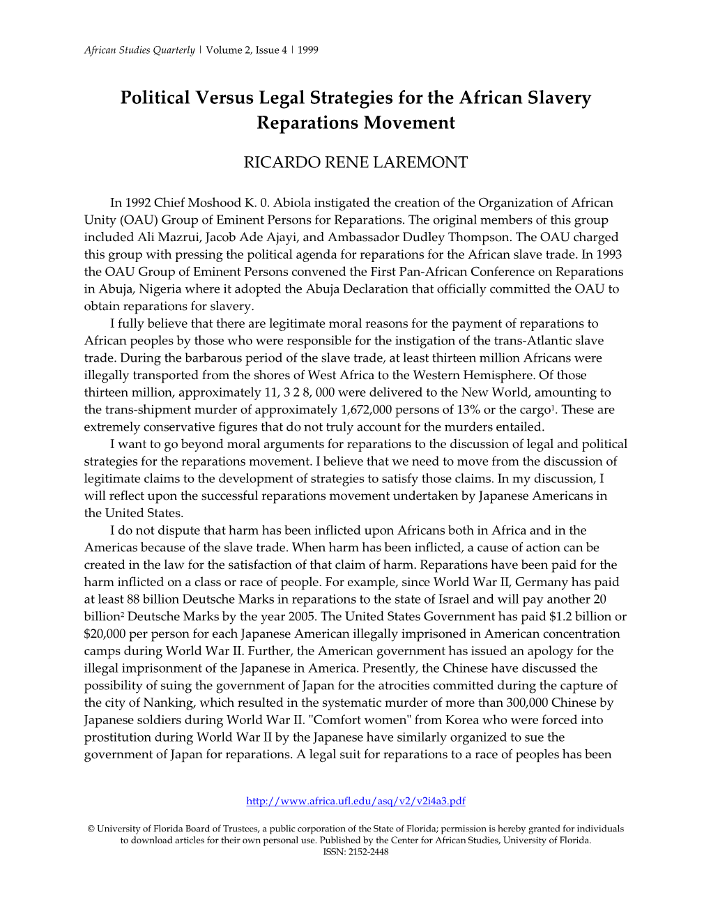 Political Versus Legal Strategies for the African Slavery Reparations Movement