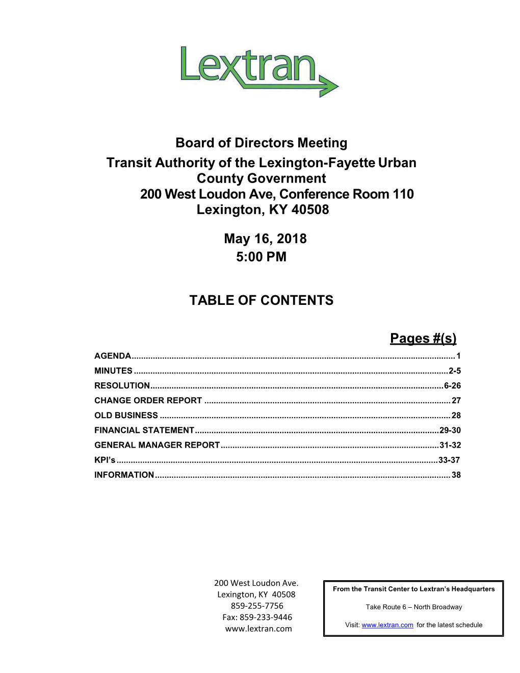 Board of Directors Meeting Transit Authority of the Lexington-Fayette Urban County Government Lextran