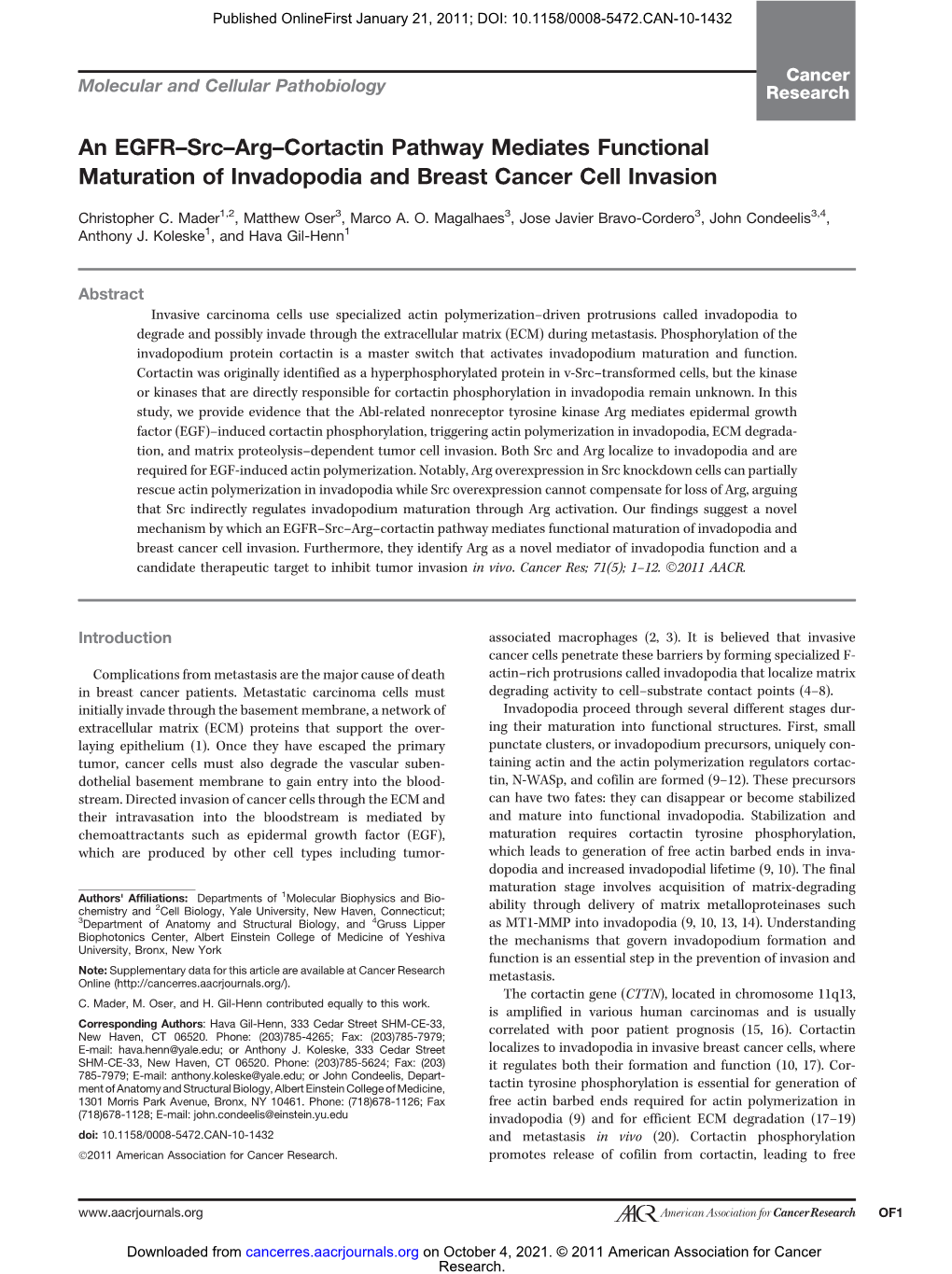 An EGFR–Src–Arg–Cortactin Pathway Mediates Functional Maturation of Invadopodia and Breast Cancer Cell Invasion