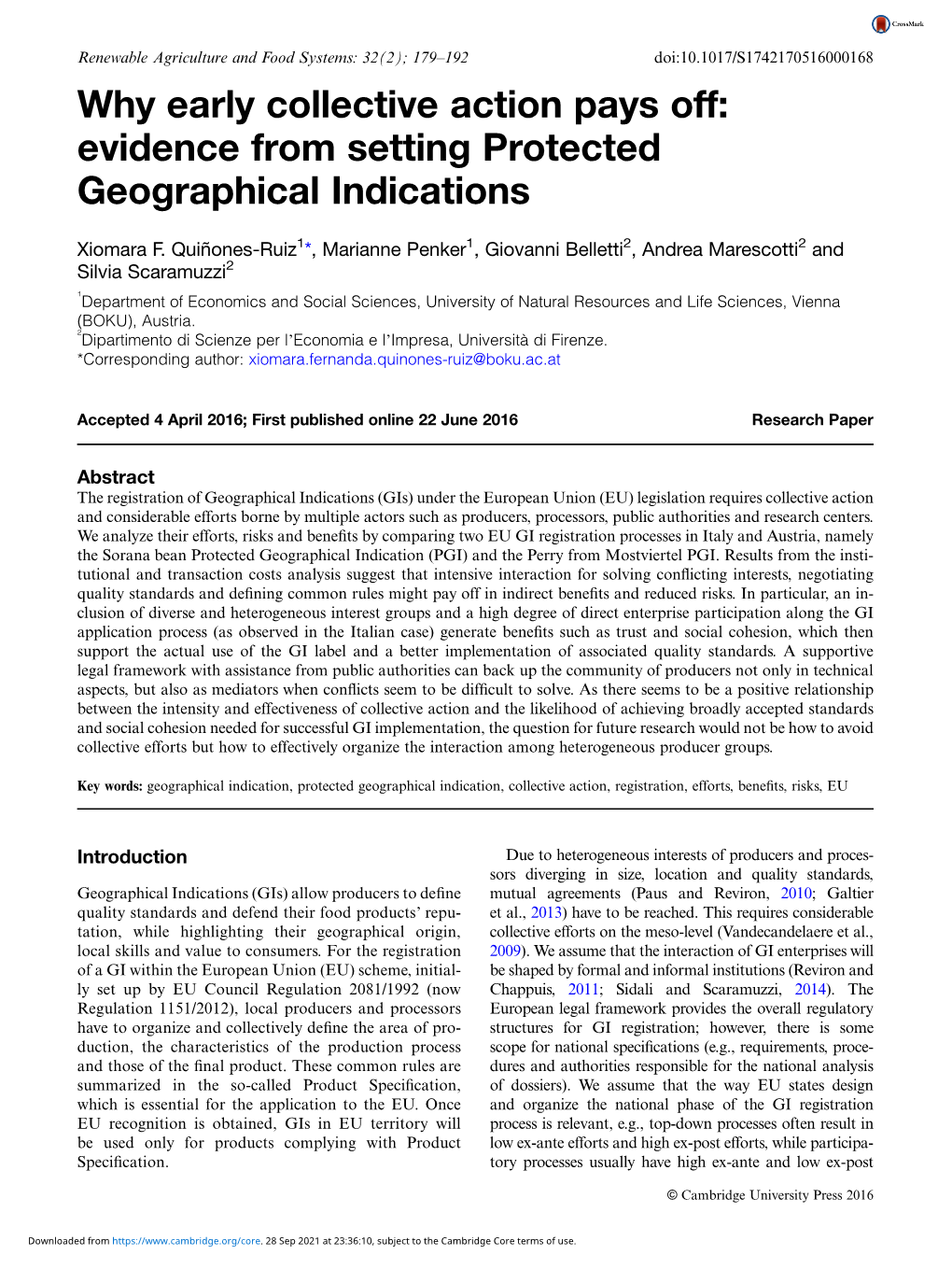 Why Early Collective Action Pays Off: Evidence from Setting Protected Geographical Indications