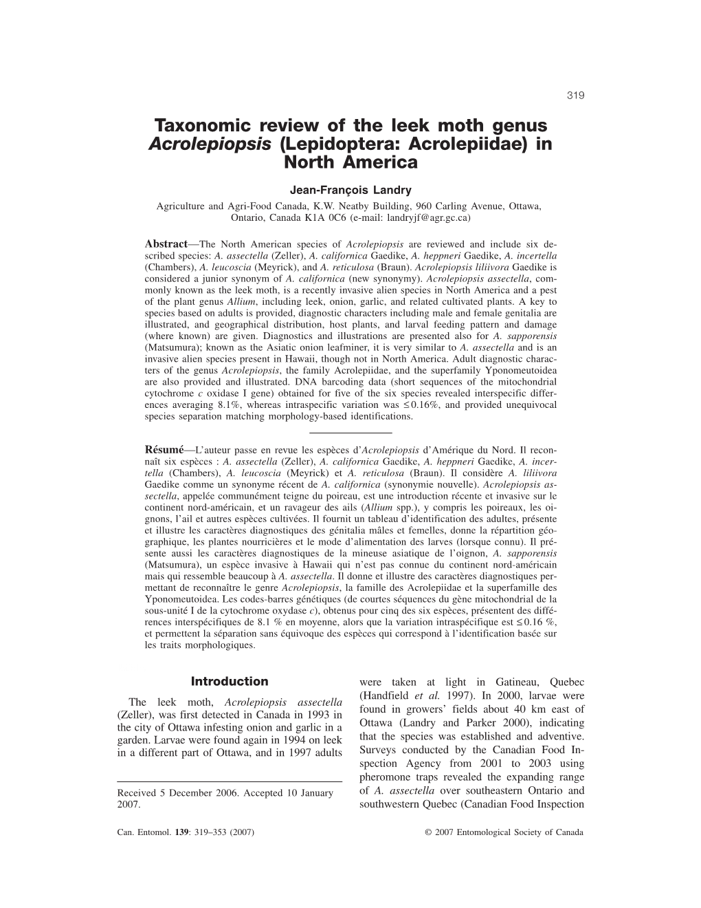 Taxonomic Review of the Leek Moth Genus Acrolepiopsis (Lepidoptera: Acrolepiidae) in North America