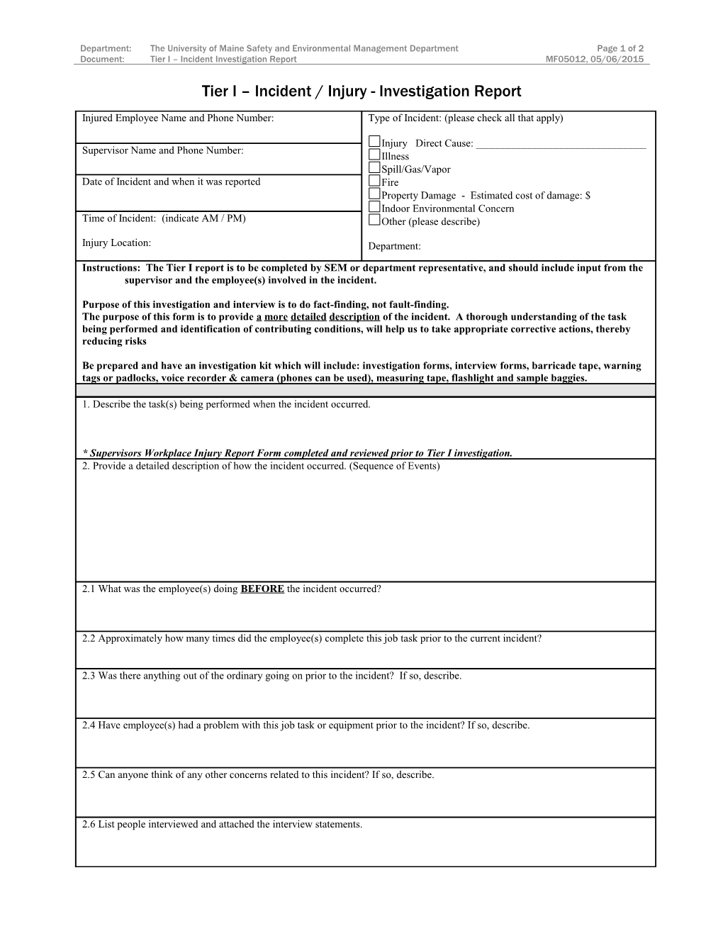 MF05012 Tier I Investigation Form