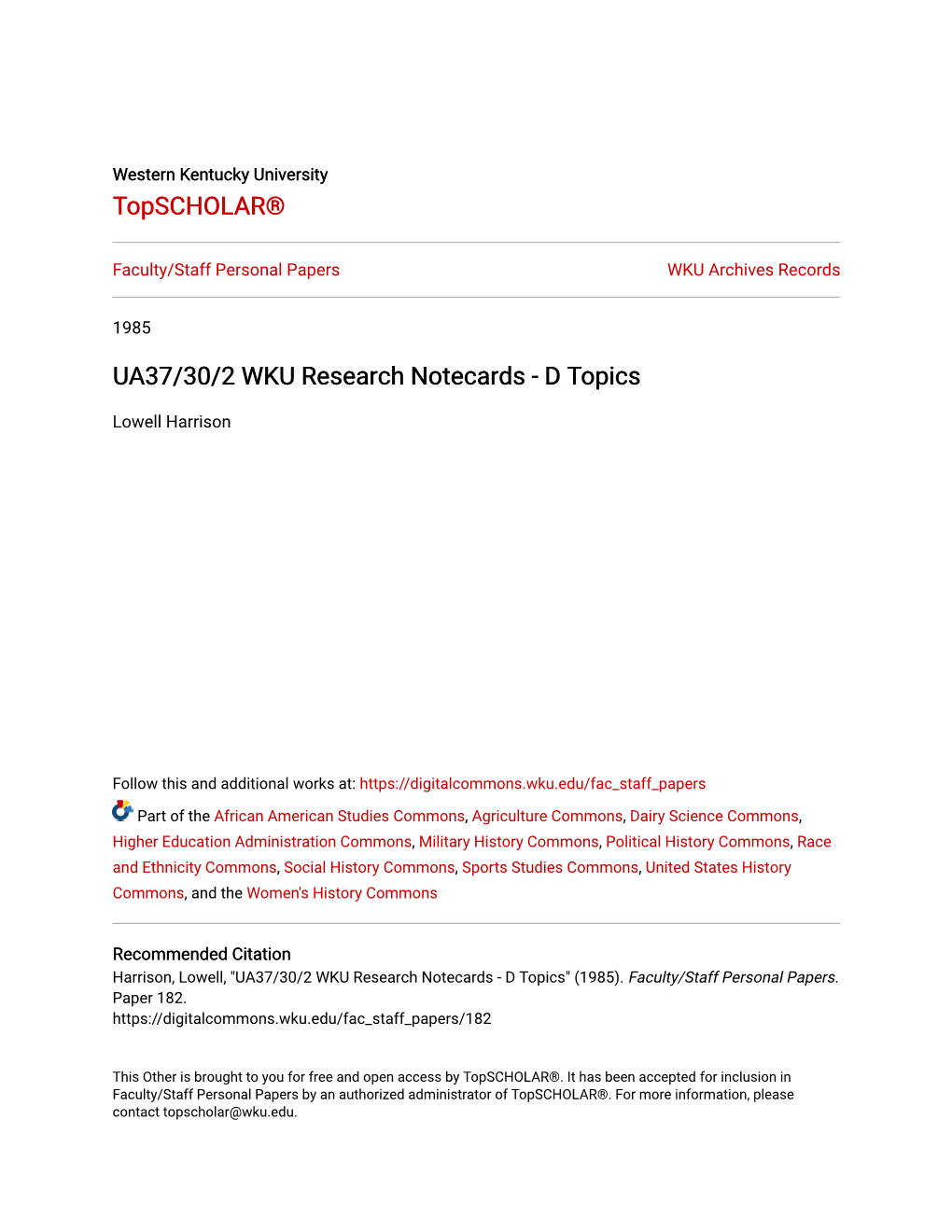 UA37/30/2 WKU Research Notecards - D Topics