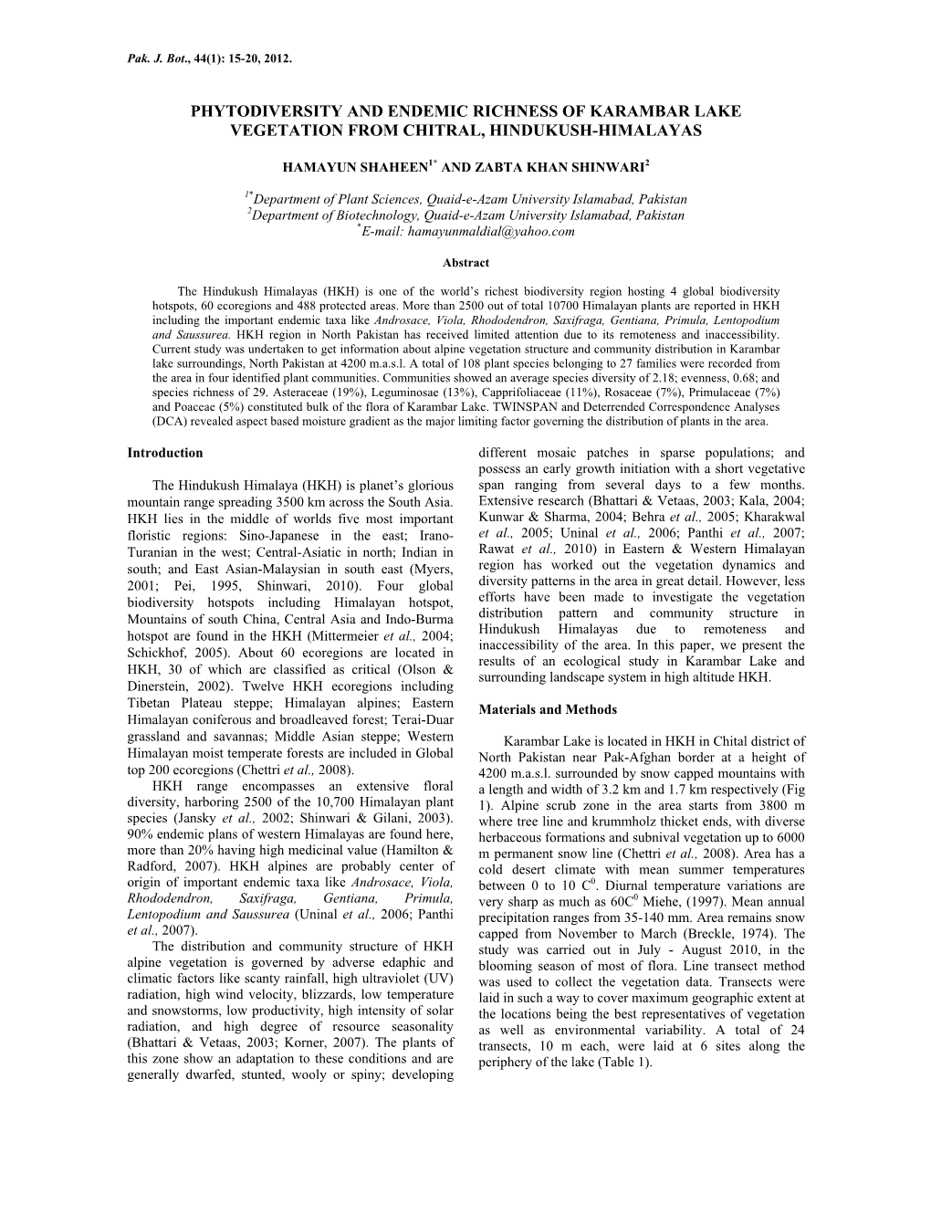 Phytodiversity and Endemic Richness of Karambar Lake Vegetation from Chitral, Hindukush-Himalayas