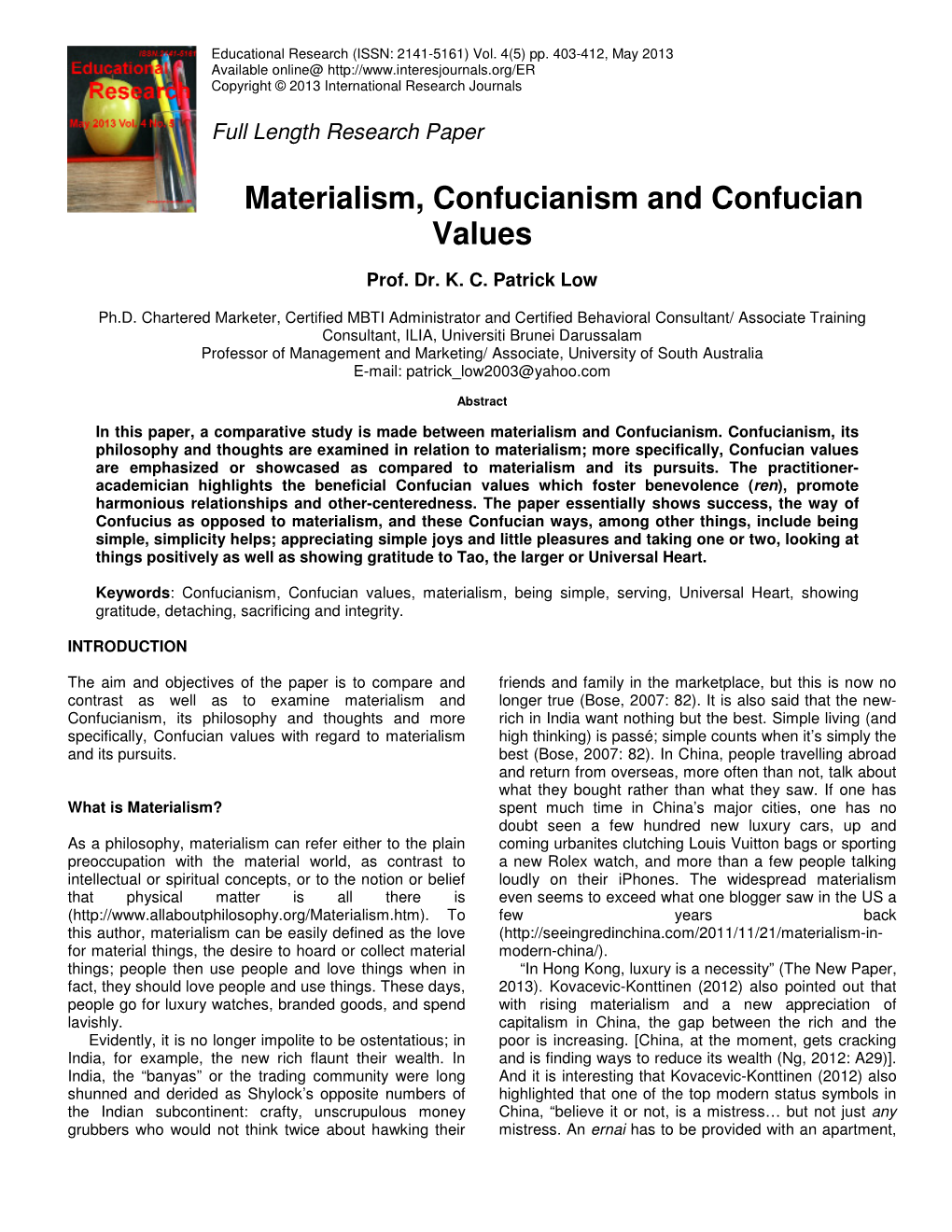 Materialism, Confucianism and Confucian Values