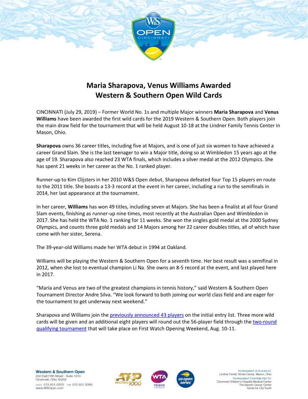 Maria Sharapova, Venus Williams Awarded Western & Southern Open Wild Cards