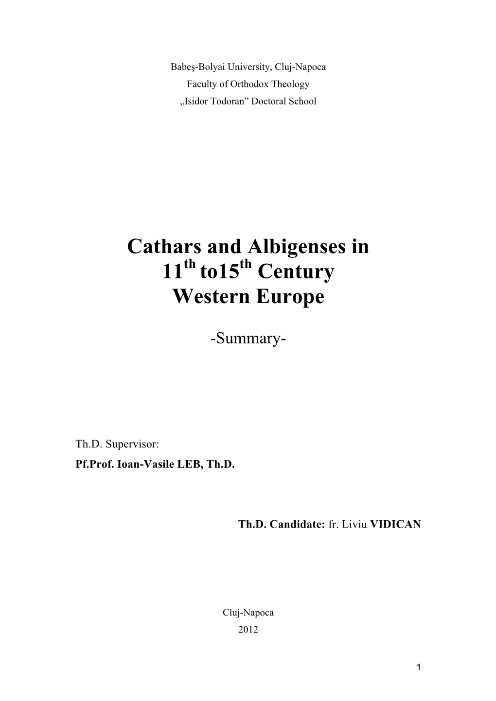 Cathars and Albigenses in 11 To15 Century Western Europe