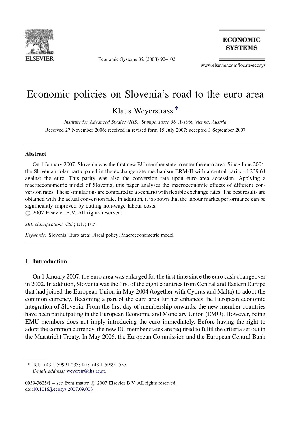 Economic Policies on Slovenia's Road to the Euro Area