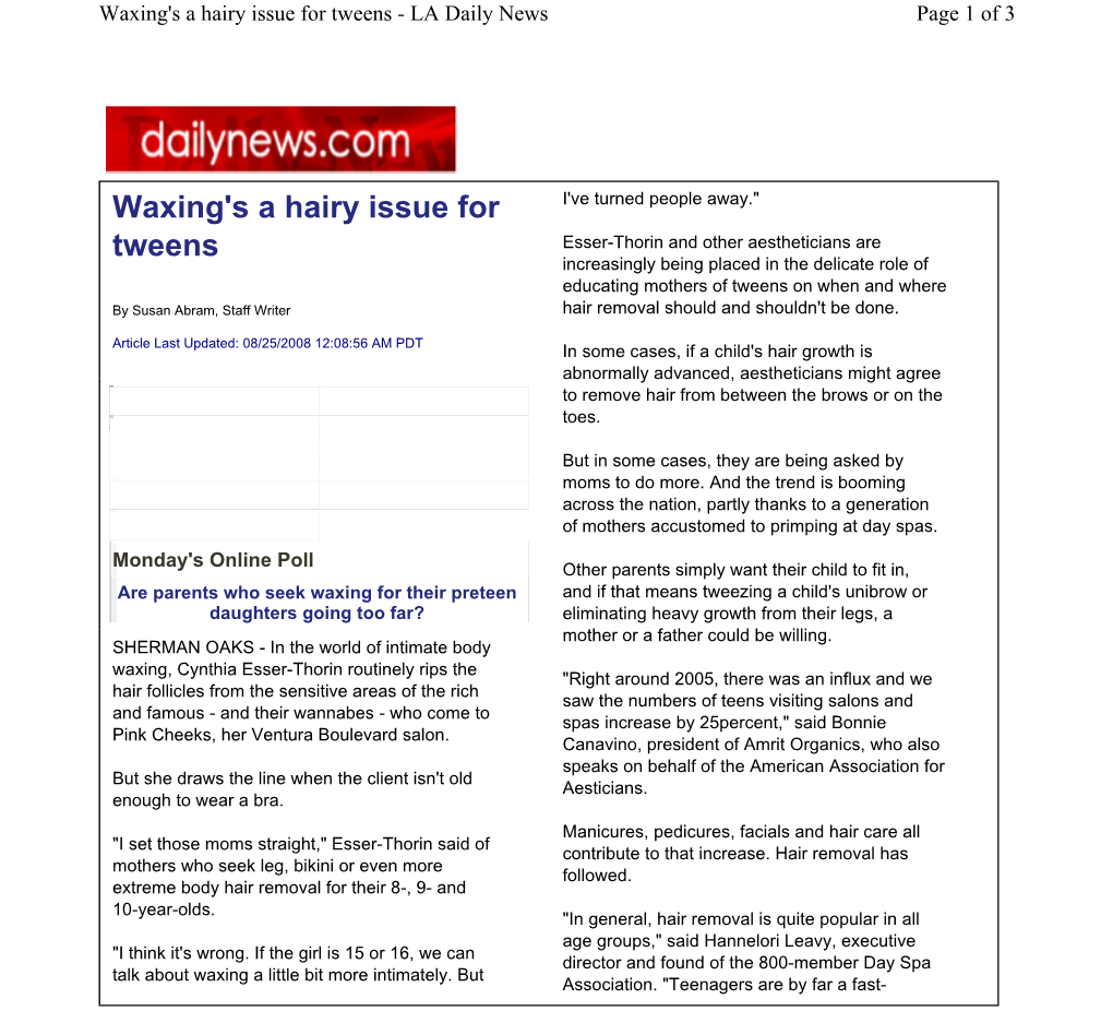 Waxing's a Hairy Issue for Tweens - LA Daily News Page 1 of 3