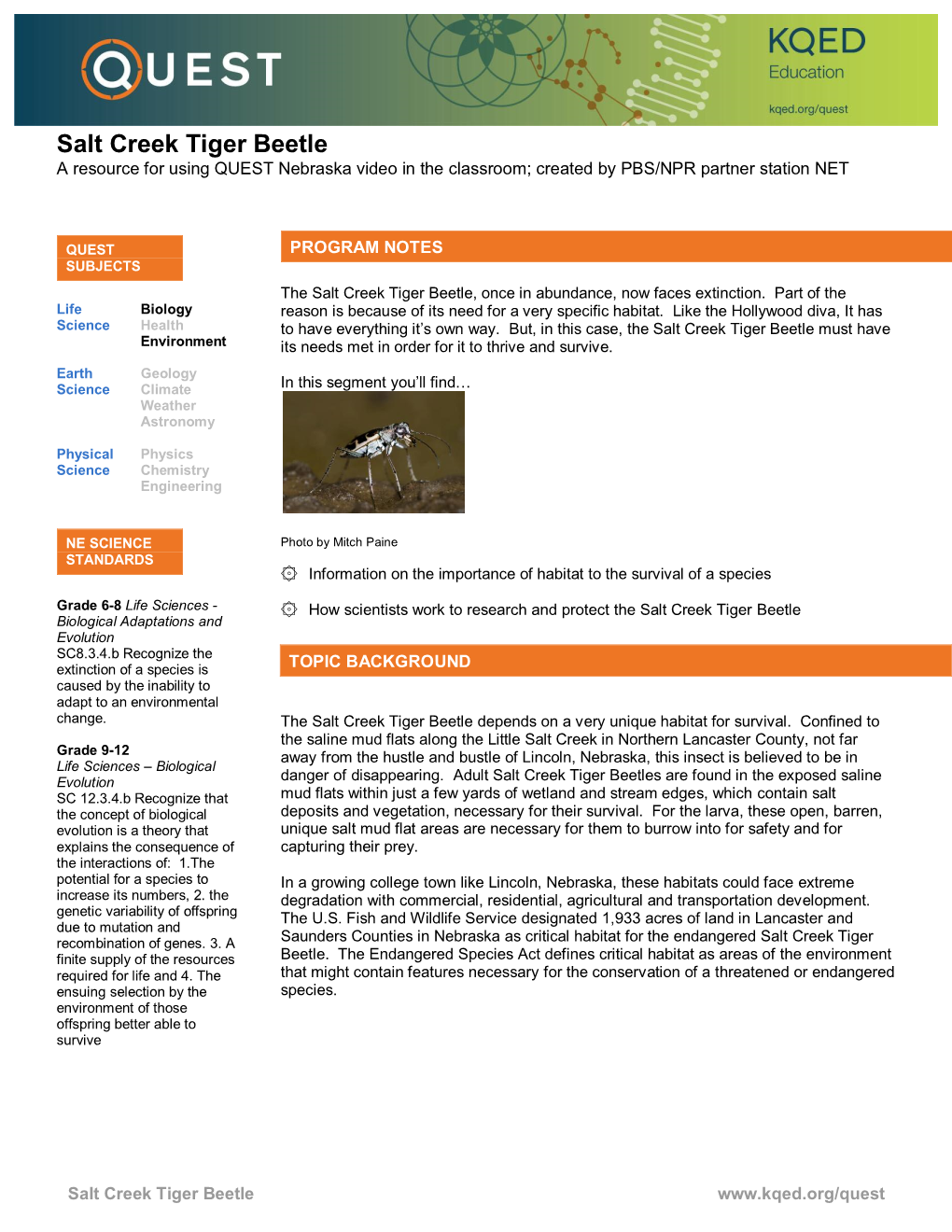 Salt Creek Tiger Beetle a Resource for Using QUEST Nebraska Video in the Classroom; Created by PBS/NPR Partner Station NET