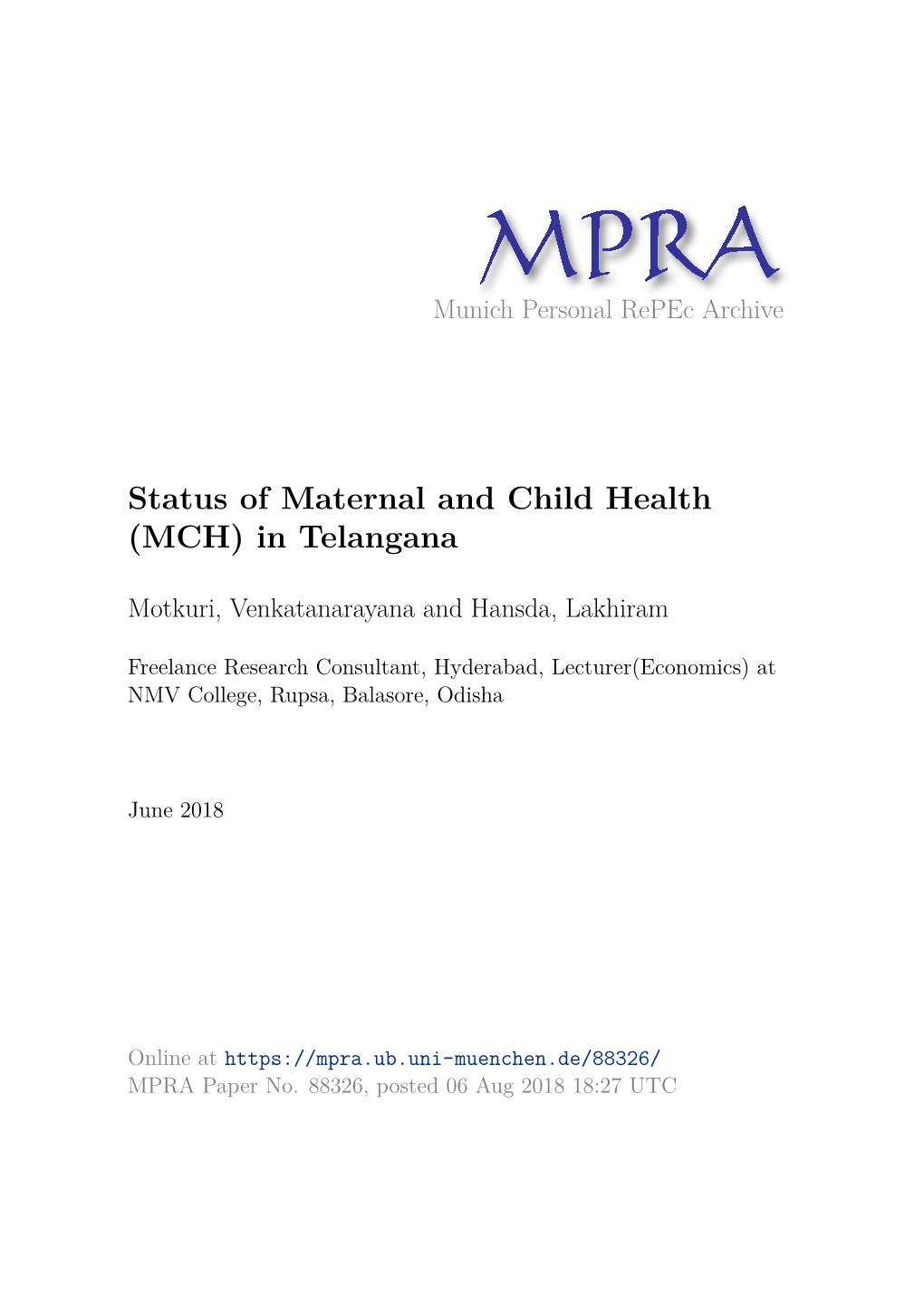 Status of Maternal and Child Health (MCH) in Telangana