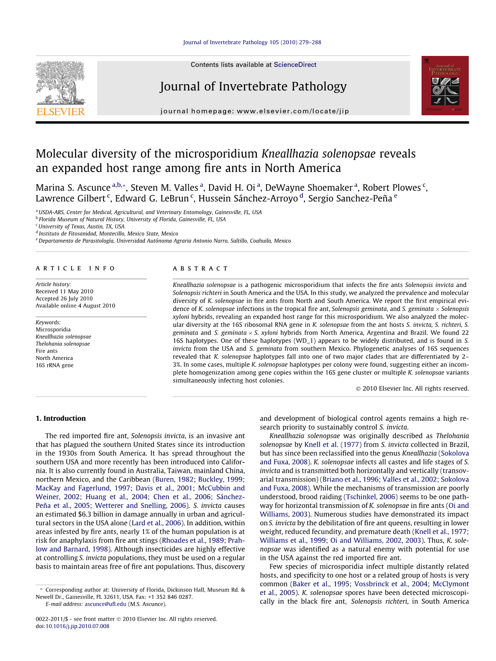 Molecular Diversity of the Microsporidium Kneallhazia Solenopsae Reveals an Expanded Host Range Among ﬁre Ants in North America