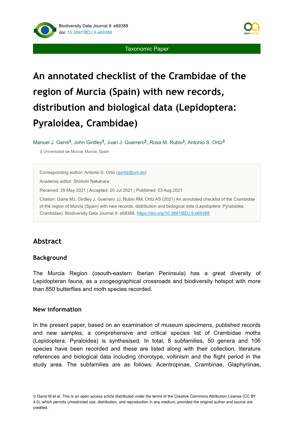 An Annotated Checklist of the Crambidae of the Region of Murcia (Spain) with New Records, Distribution and Biological Data (Lepidoptera: Pyraloidea, Crambidae)