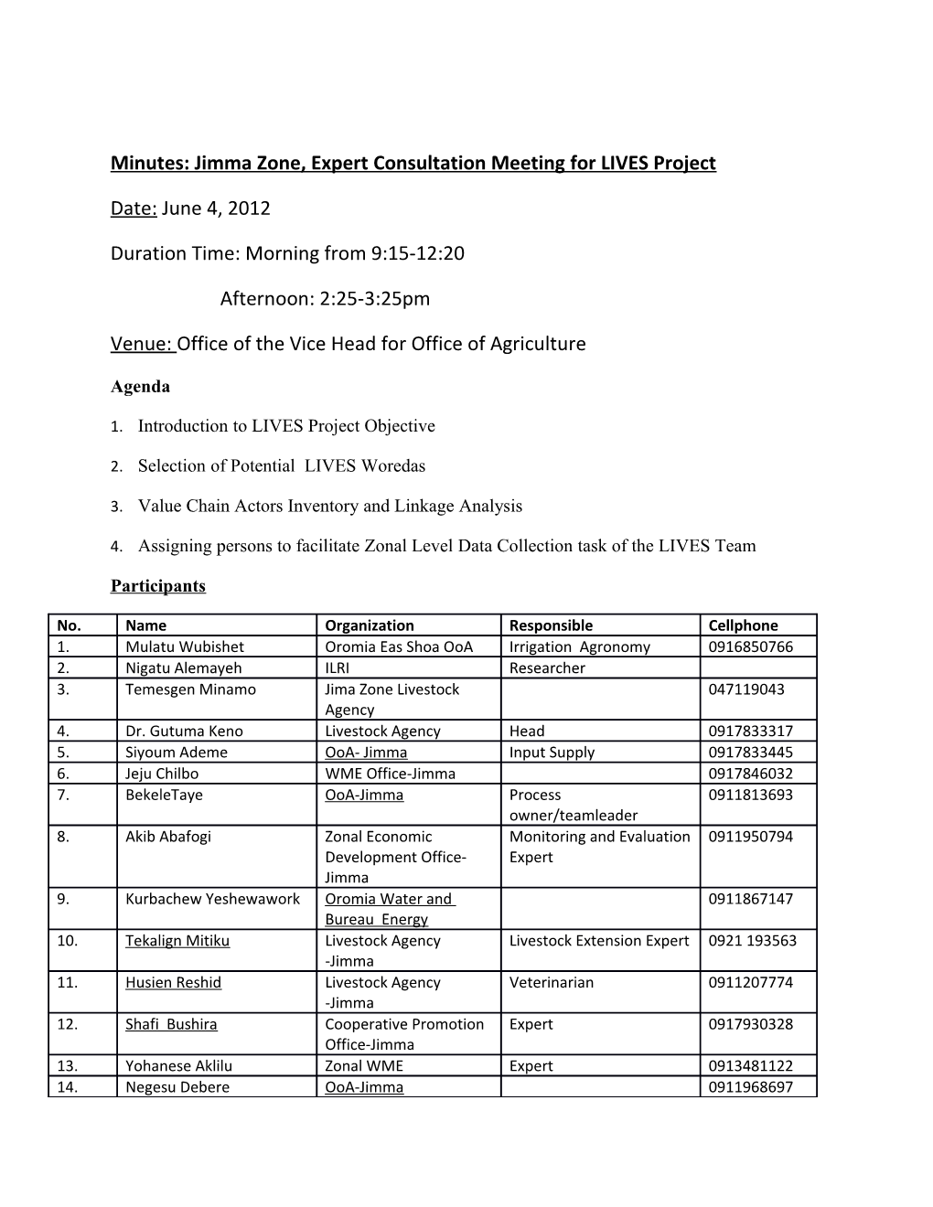 Minutes: Jimma Zone, Expert Consultation Meeting for LIVES Project