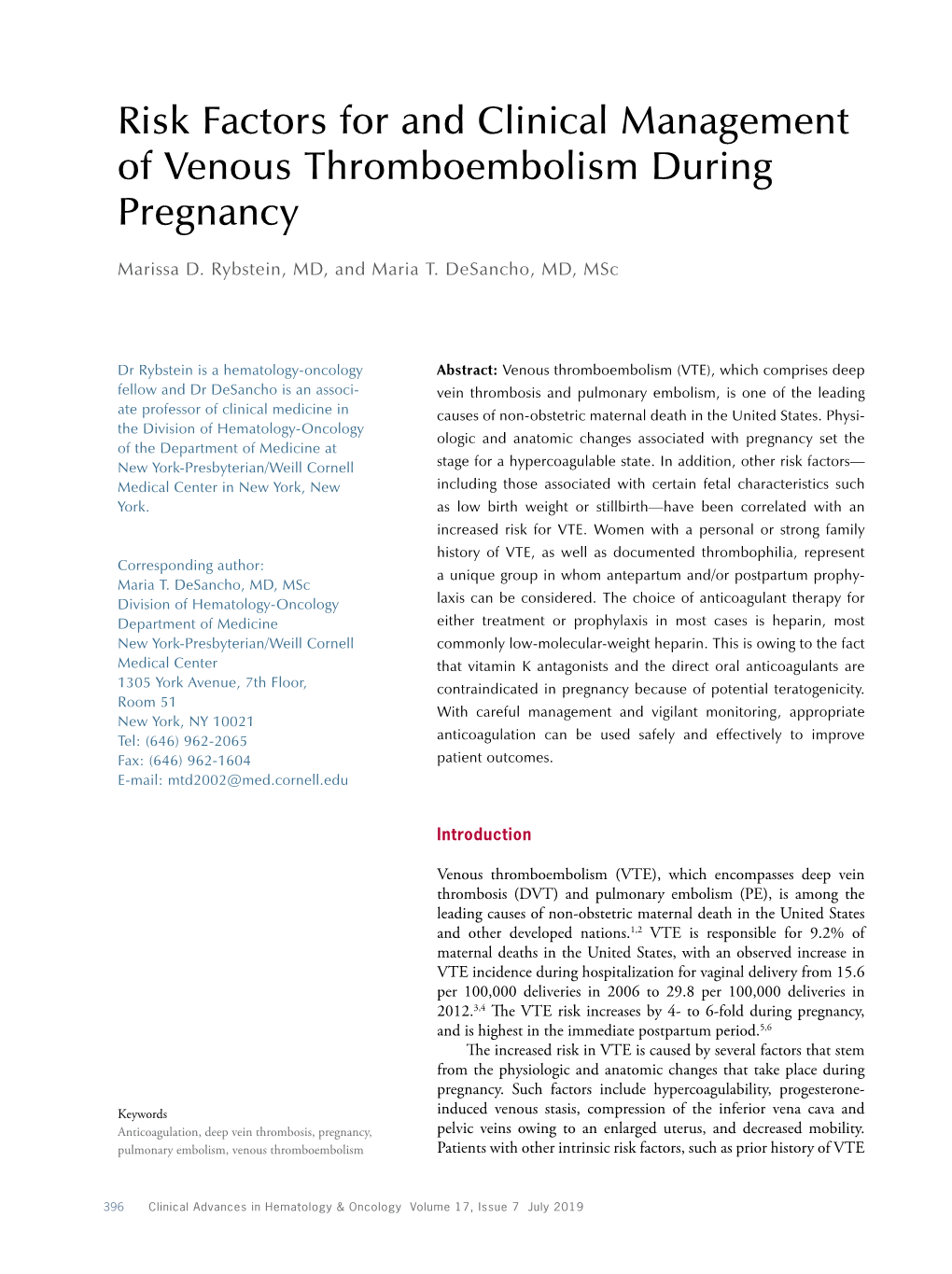 Risk Factors for and Clinical Management of Venous Thromboembolism During Pregnancy