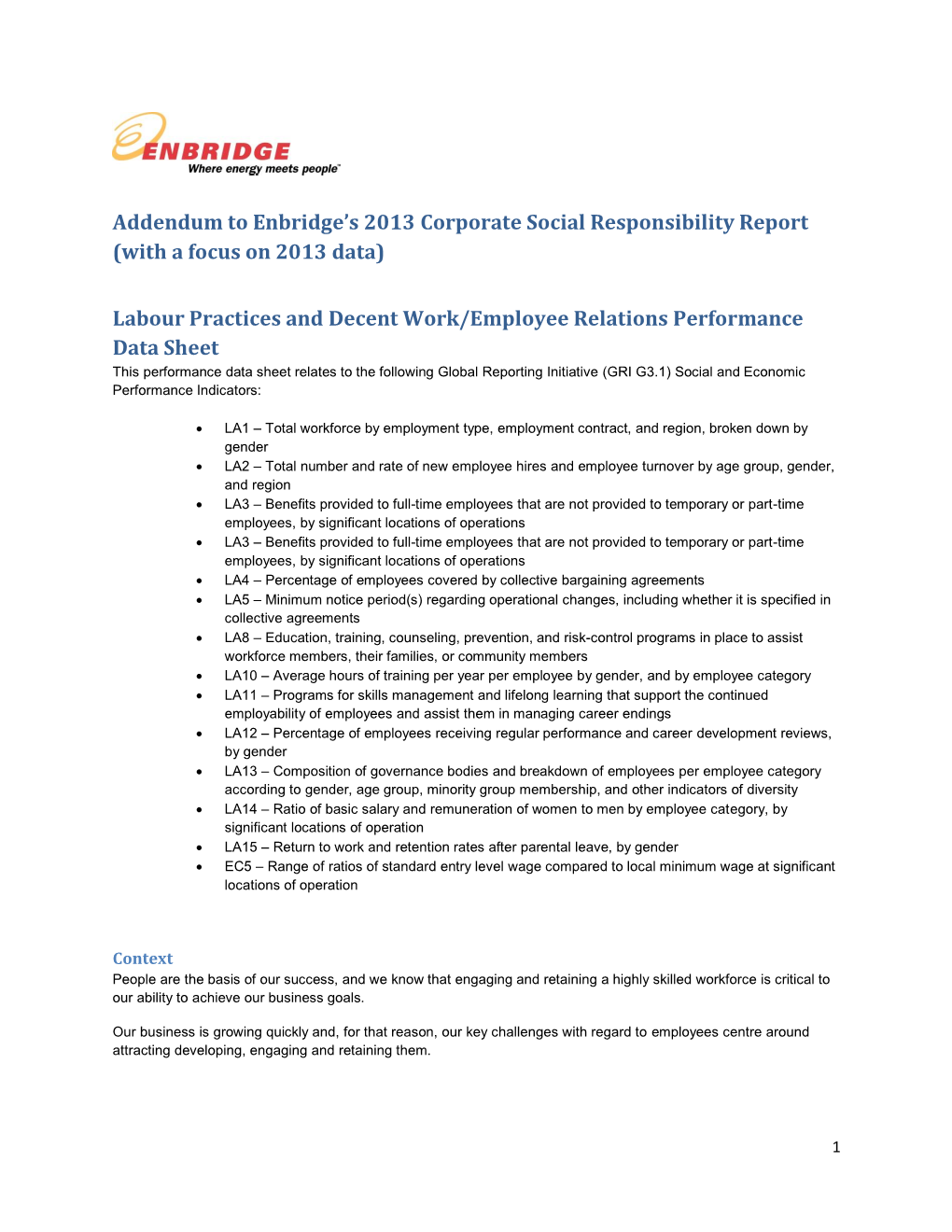 Addendum to Enbridge's 2013 Corporate Social Responsibility