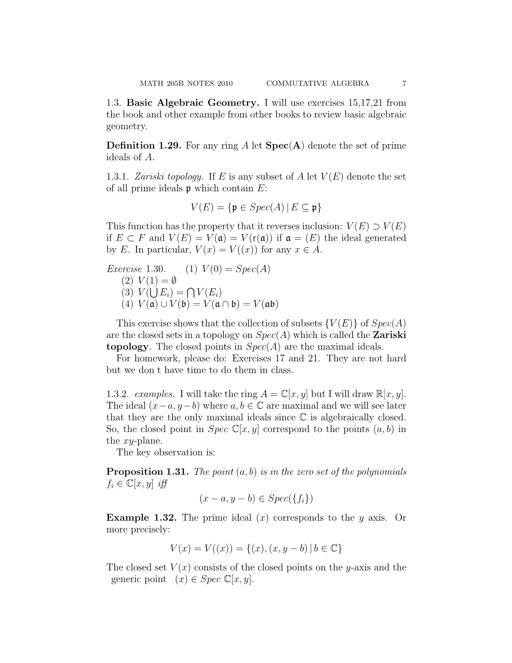 1.3. Basic Algebraic Geometry. I Will Use Exercises 15,17,21 from the Book and Other Example from Other Books to Review Basic Algebraic Geometry