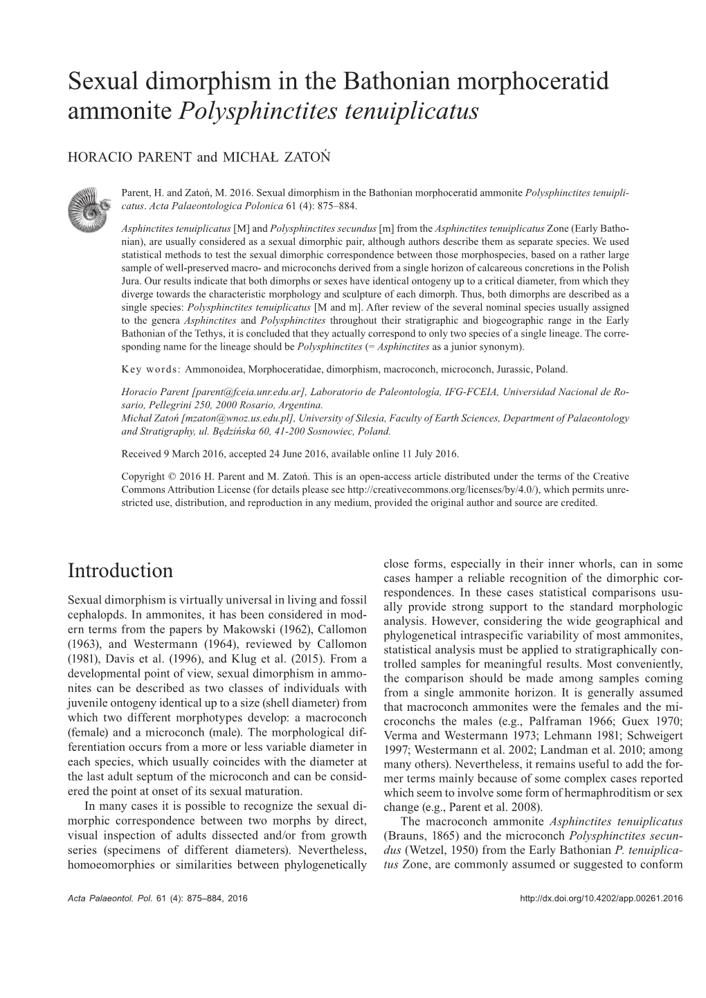 Sexual Dimorphism in the Bathonian Morphoceratid Ammonite Polysphinctites Tenuiplicatus