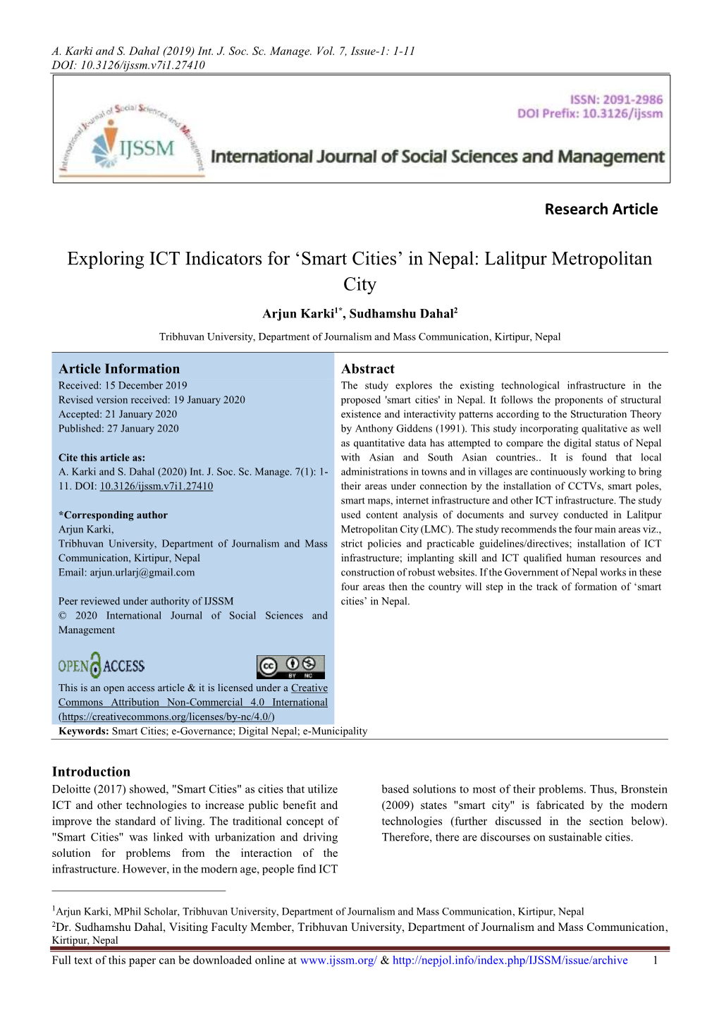 Smart Cities’ in Nepal: Lalitpur Metropolitan City Arjun Karki1*, Sudhamshu Dahal2