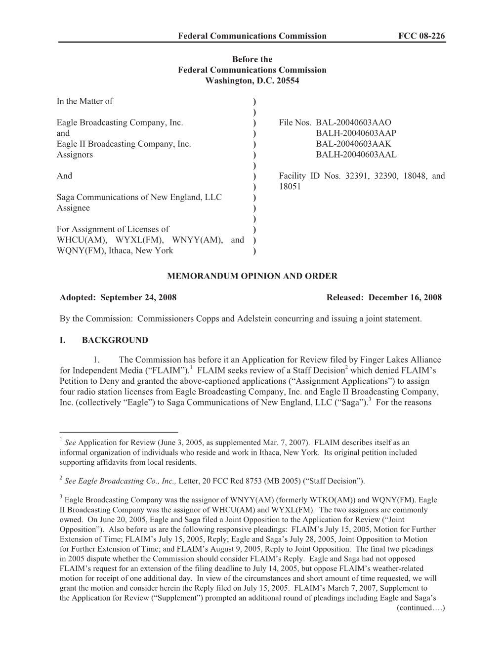 Federal Communications Commission FCC 08-226 Before The