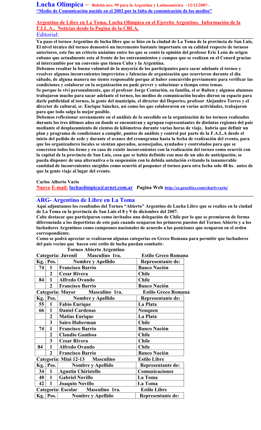 Lucha Olímpica – Boletín Nro