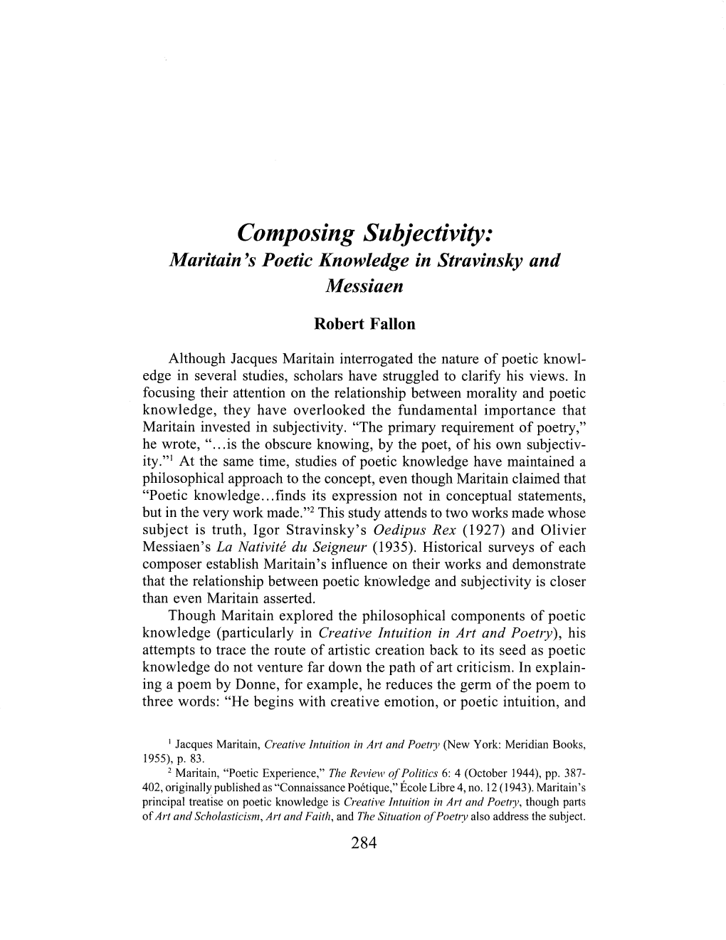 Knowledge and Subjectivity in Maritain, Stravinsky, and Messiaen