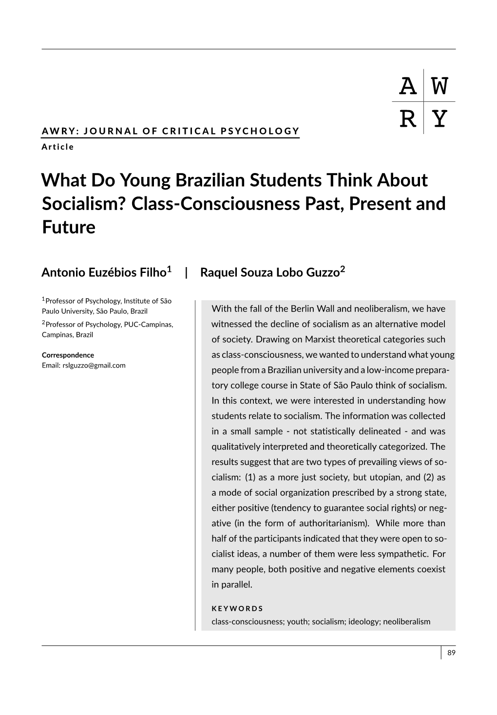 What Do Young Brazilian Students Think About Socialism? Class-Consciousness Past, Present and Future