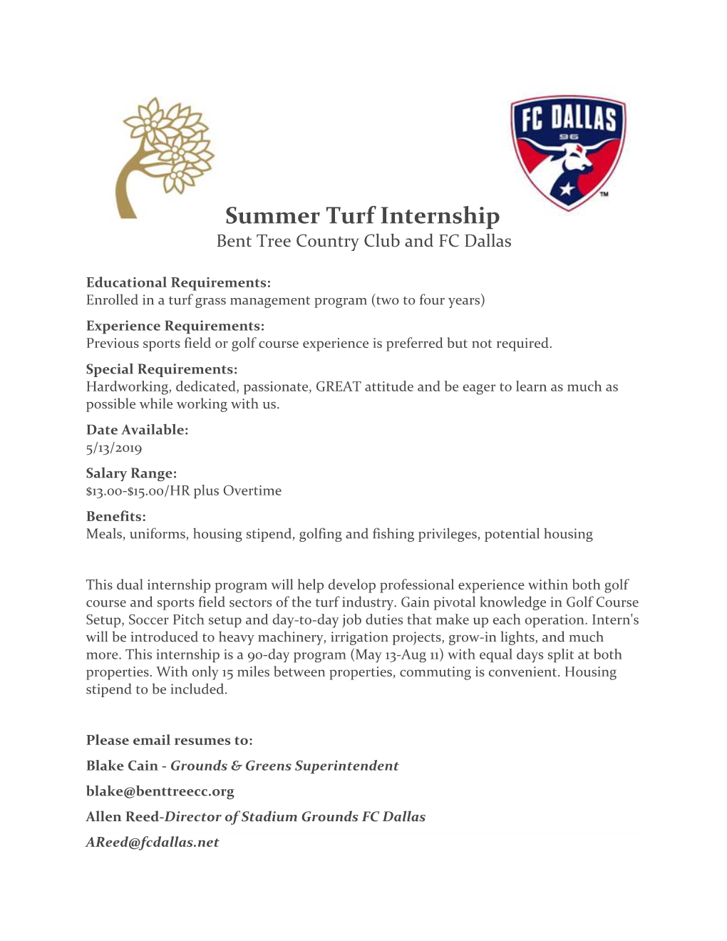 Summer Turf Internship Bent Tree Country Club and FC Dallas