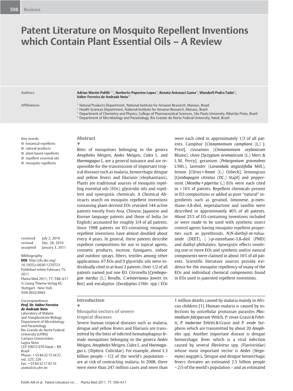 Patent Literature on Mosquito Repellent Inventions Which Contain Plant Essential Oils – a Review