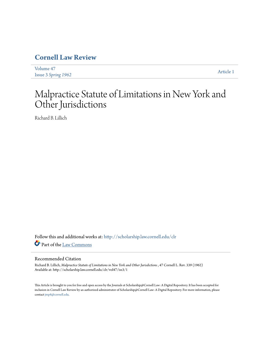 Malpractice Statute of Limitations in New York and Other Jurisdictions Richard B