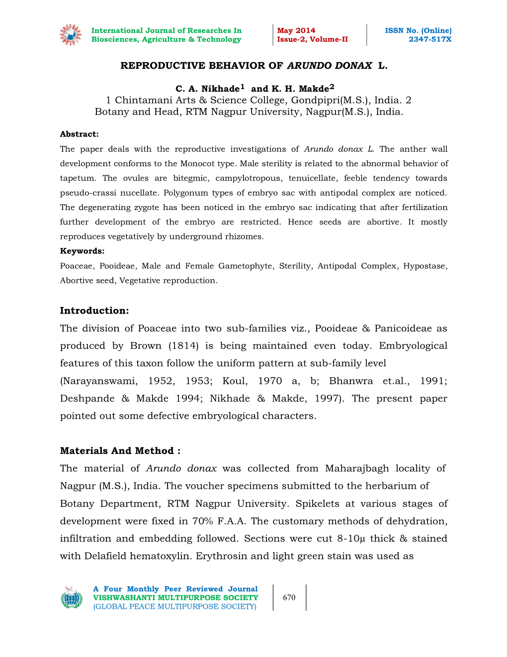 Reproductive Behavior of Arundo Donax L. 1