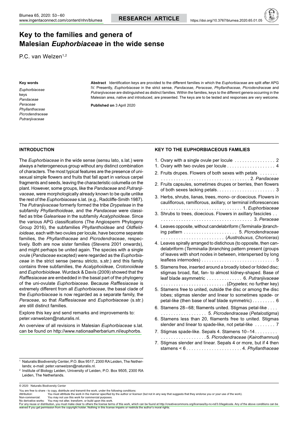 Key to the Families and Genera of Malesian &lt;I&gt;Euphorbiaceae&lt;/I&gt; in the Wide Sense