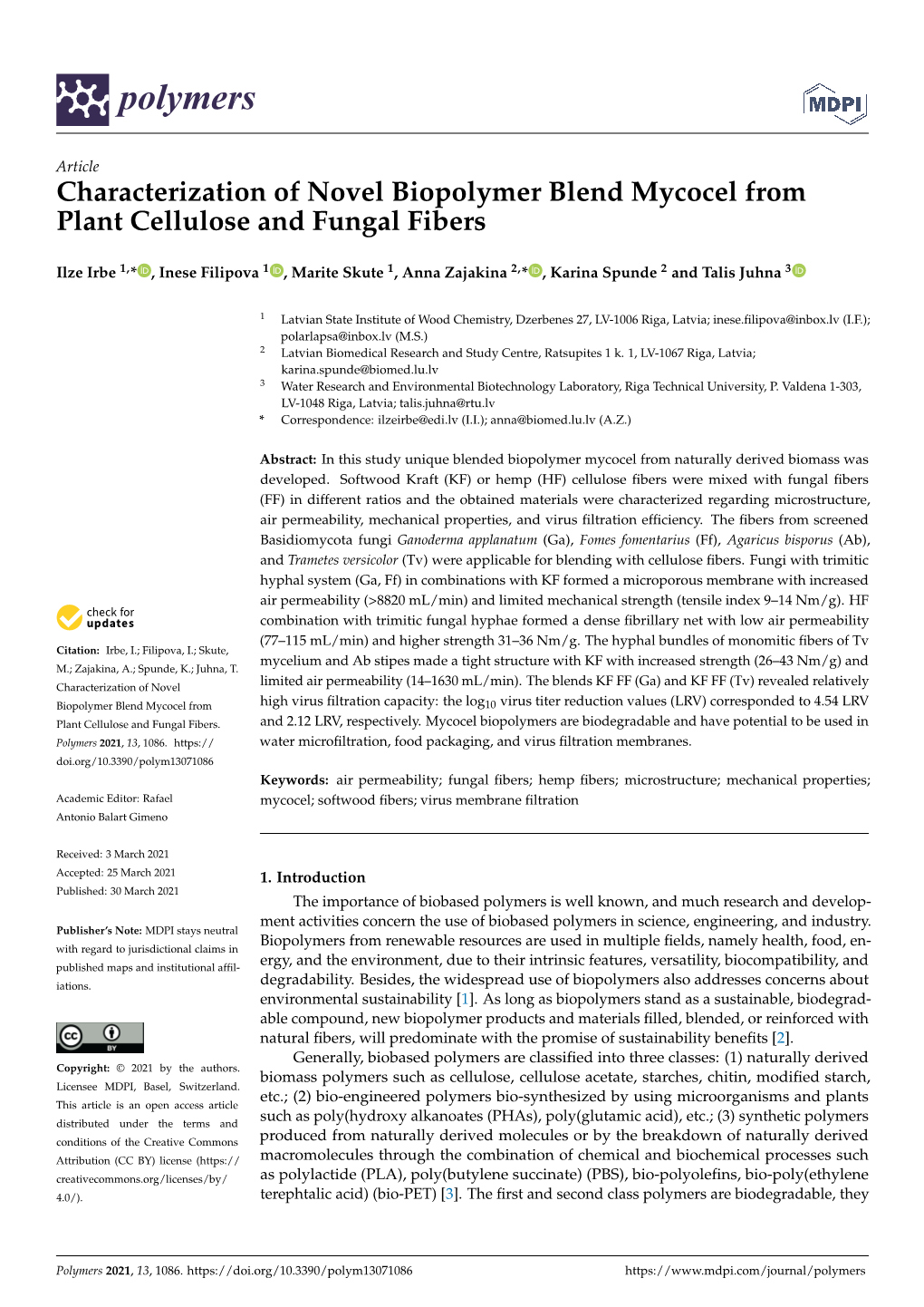 Characterization of Novel Biopolymer Blend Mycocel from Plant Cellulose and Fungal Fibers