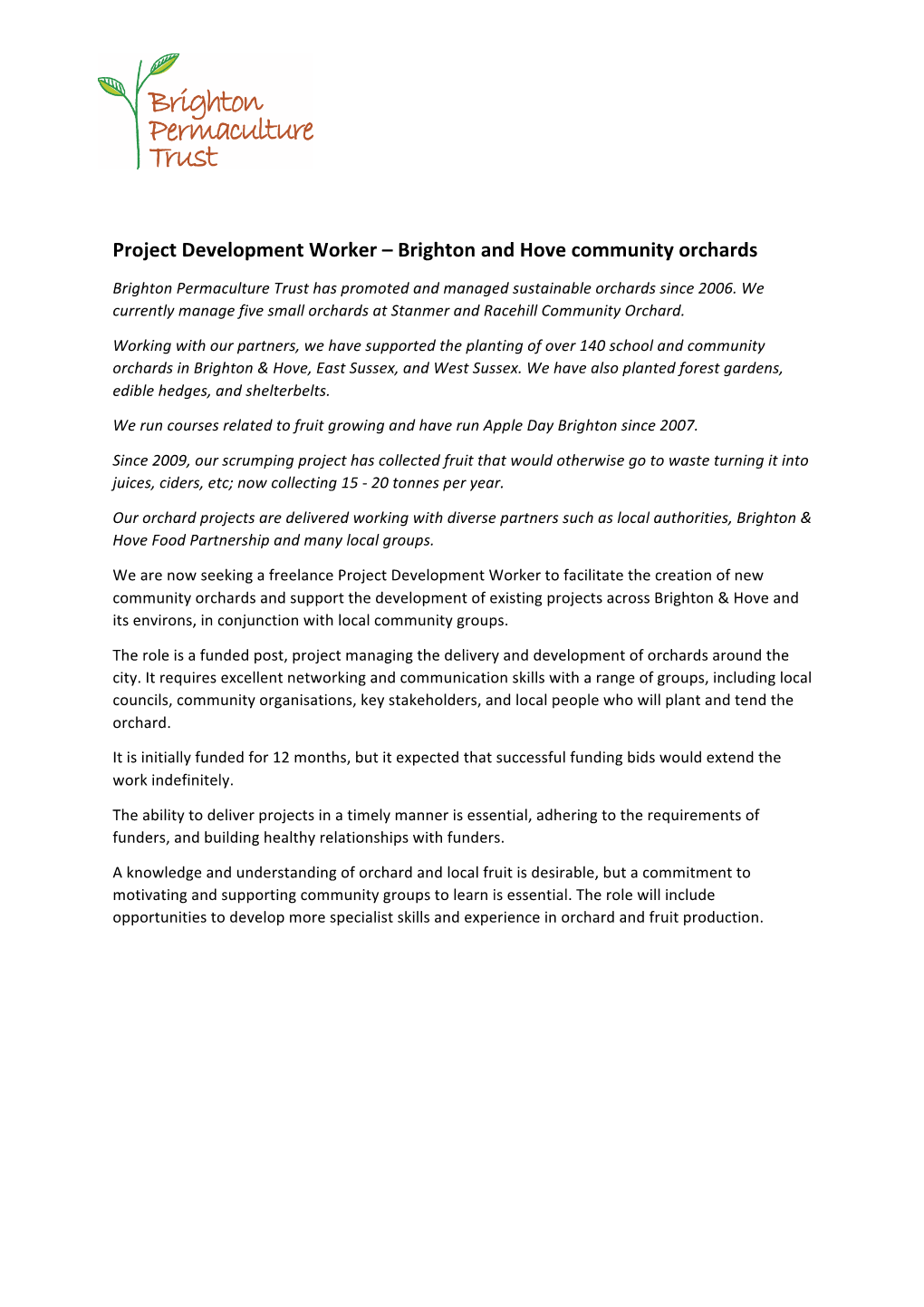 Project Development Worker – Brighton and Hove Community Orchards