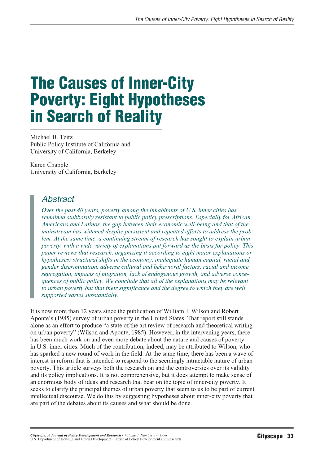 Causes of Inner-City Poverty: Eight Hypotheses in Search of Reality