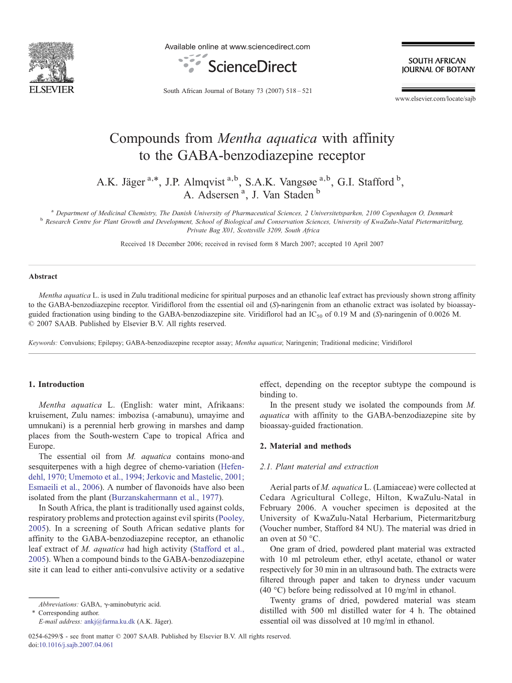 Mentha Aquatica with Affinity to the GABA-Benzodiazepine Receptor ⁎ A.K