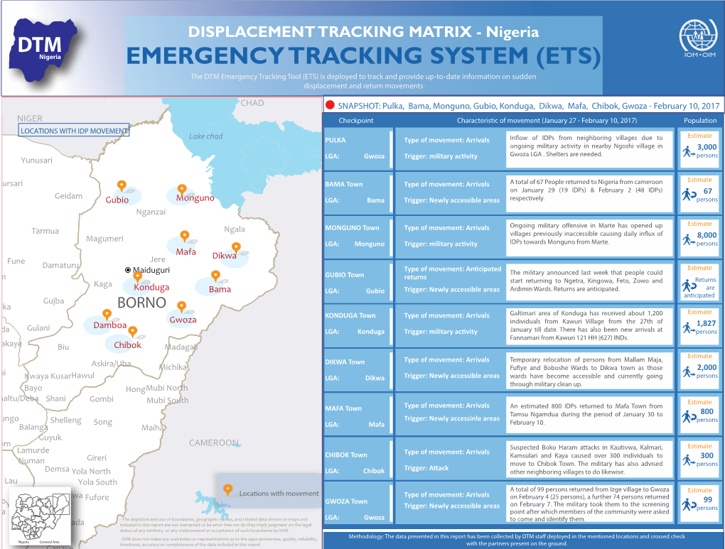 ETS) IOM OIM the DTM Emergency Tracking Tool (ETS) Is Deployed to Track and Provide Up-To-Date Information on Sudden Displacement and Return Movements