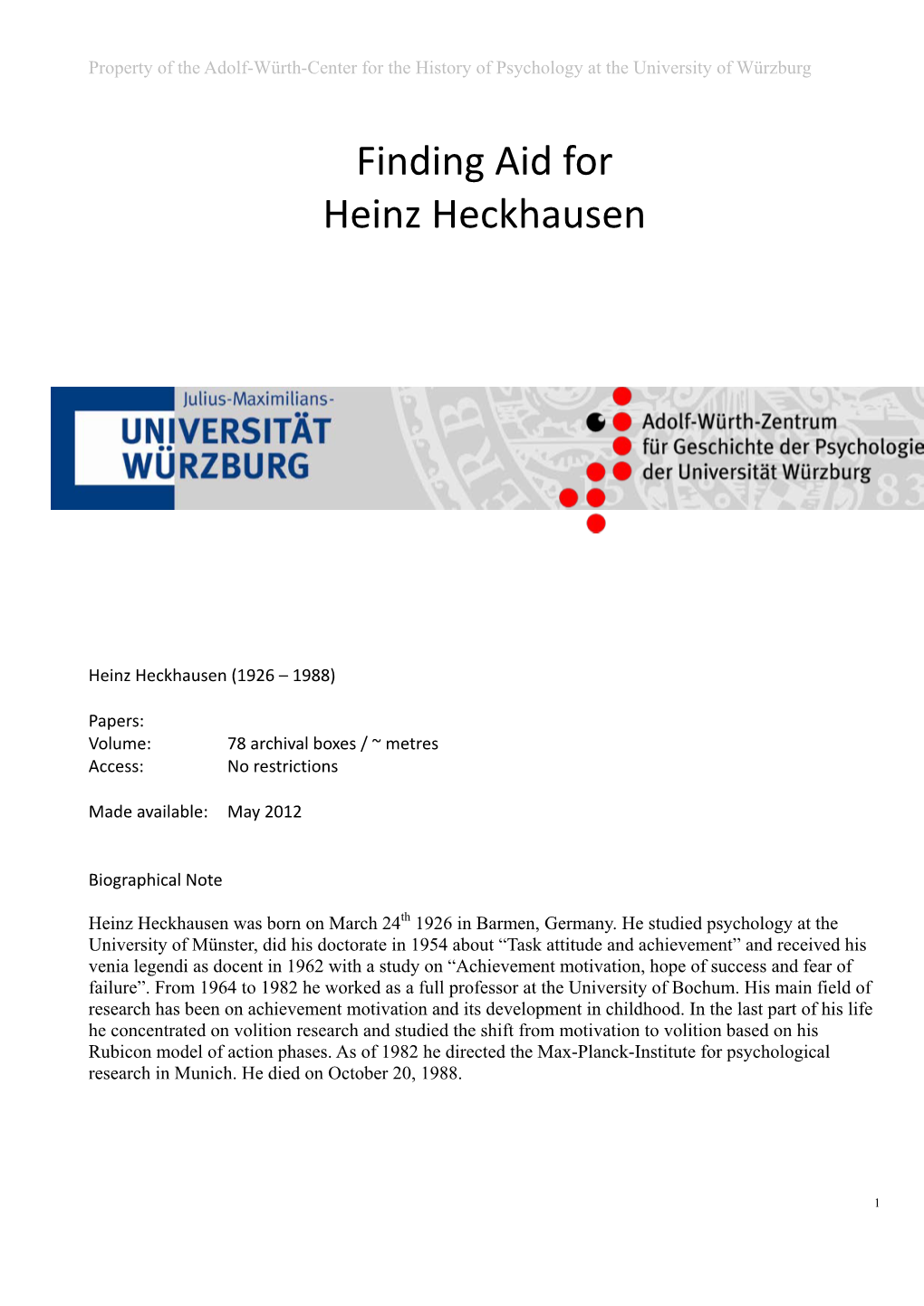 Finding Aid for Heinz Heckhausen