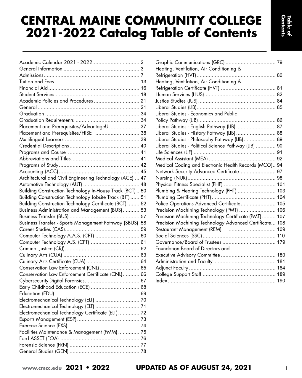 CENTRAL MAINE COMMUNITY COLLEGE 2021-2022 Catalog Table of Contents