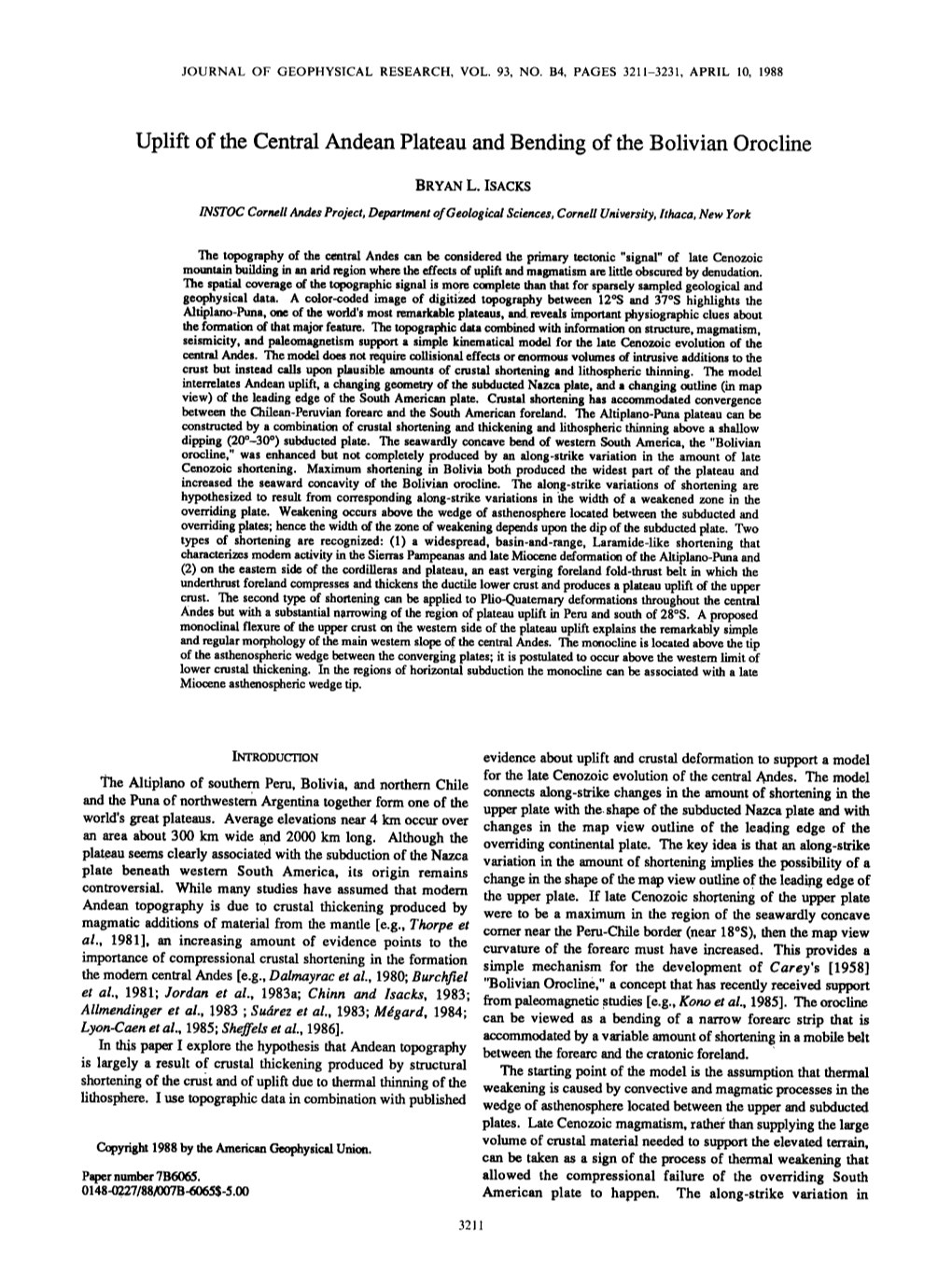 Uplift of the Central Andean Plateau and Bending of the Bolivian Orocline