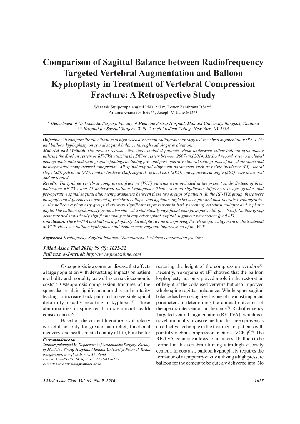 Comparison of Sagittal Balance Between Radiofrequency Targeted