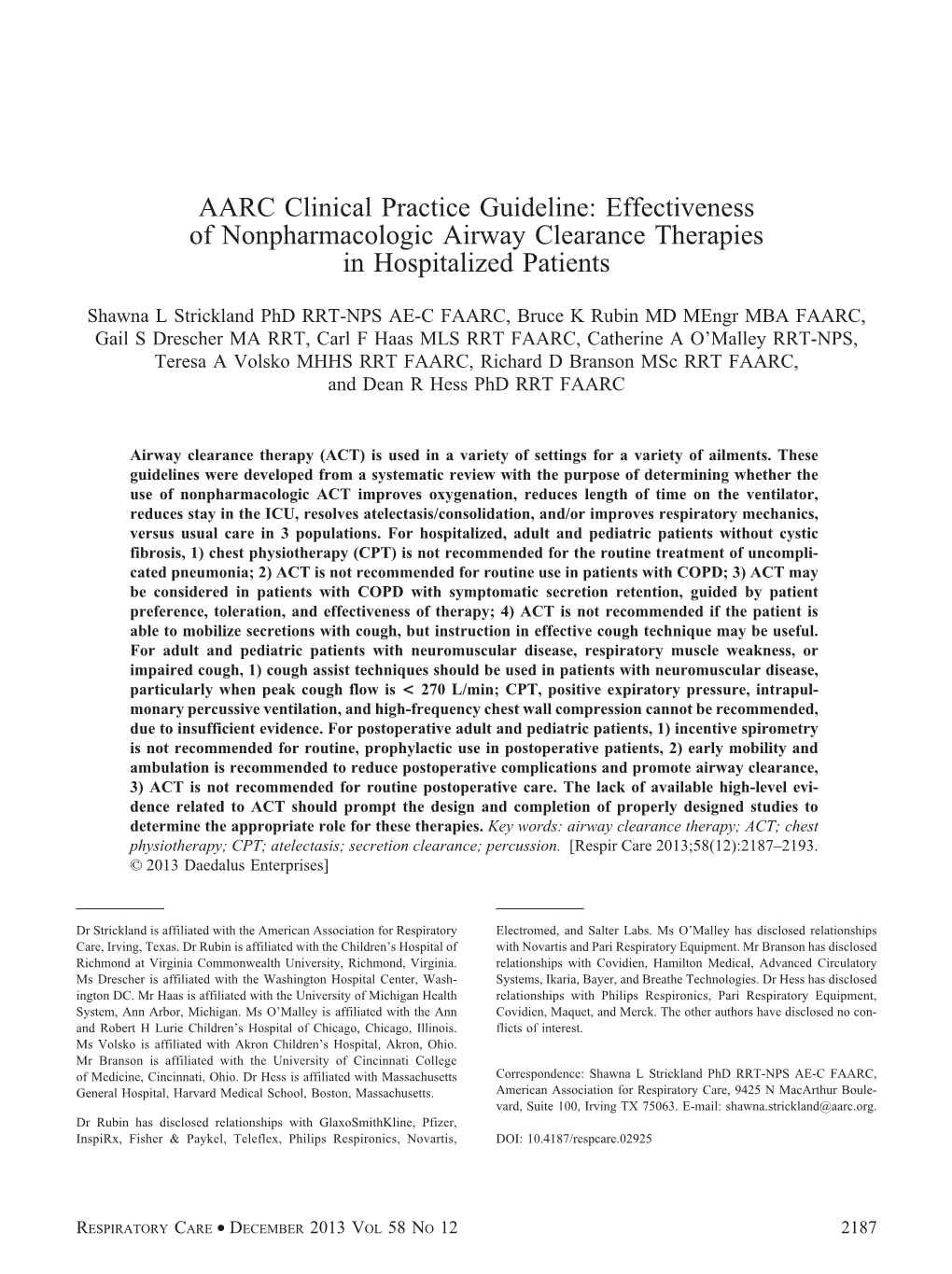 AARC Clinical Practice Guideline: Effectiveness of Nonpharmacologic Airway Clearance Therapies in Hospitalized Patients