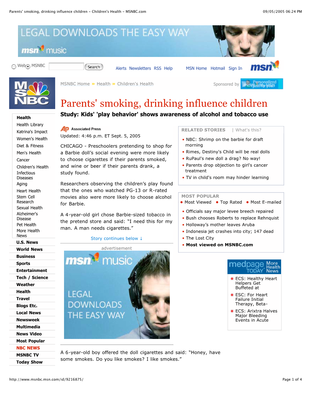 Parents' Smoking, Drinking Influence Children - Children's Health - MSNBC.Com 09/05/2005 06:24 PM