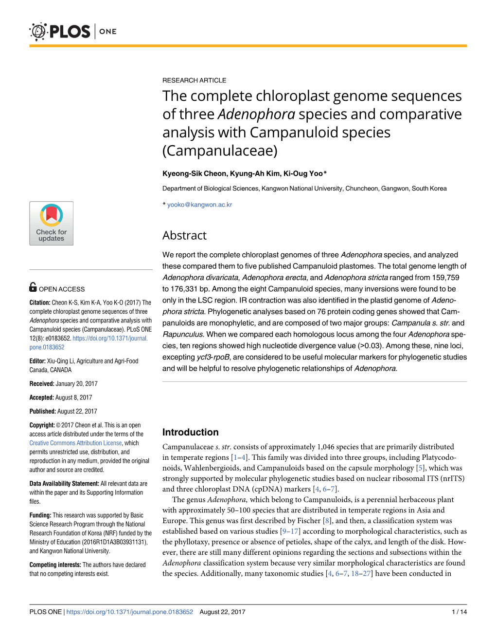 The Complete Chloroplast Genome Sequences of Three Adenophora Species and Comparative Analysis with Campanuloid Species (Campanulaceae)