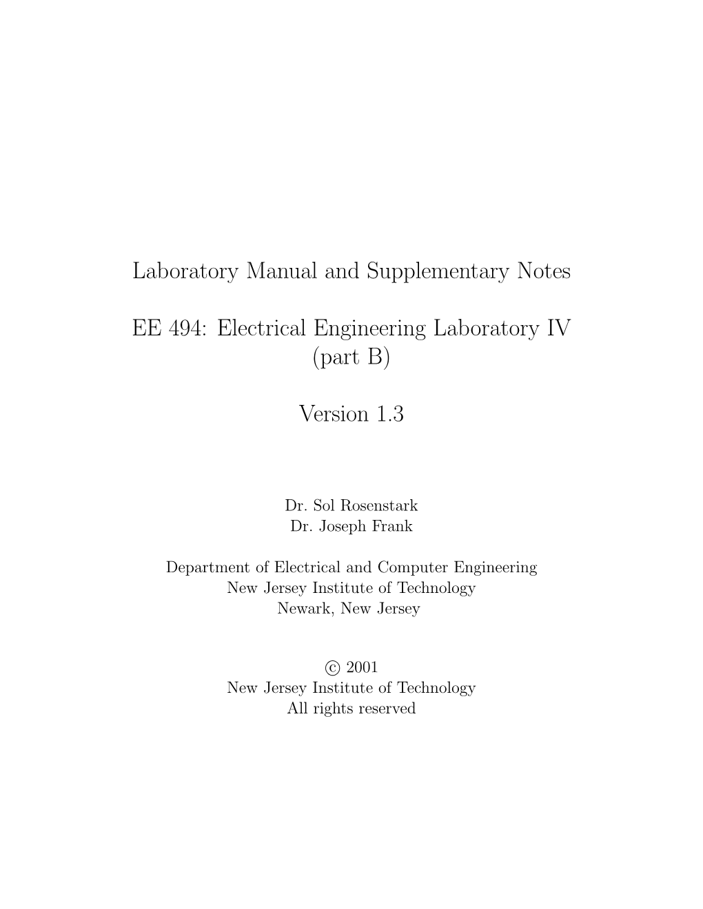 Laboratory Manual and Supplementary Notes EE 494